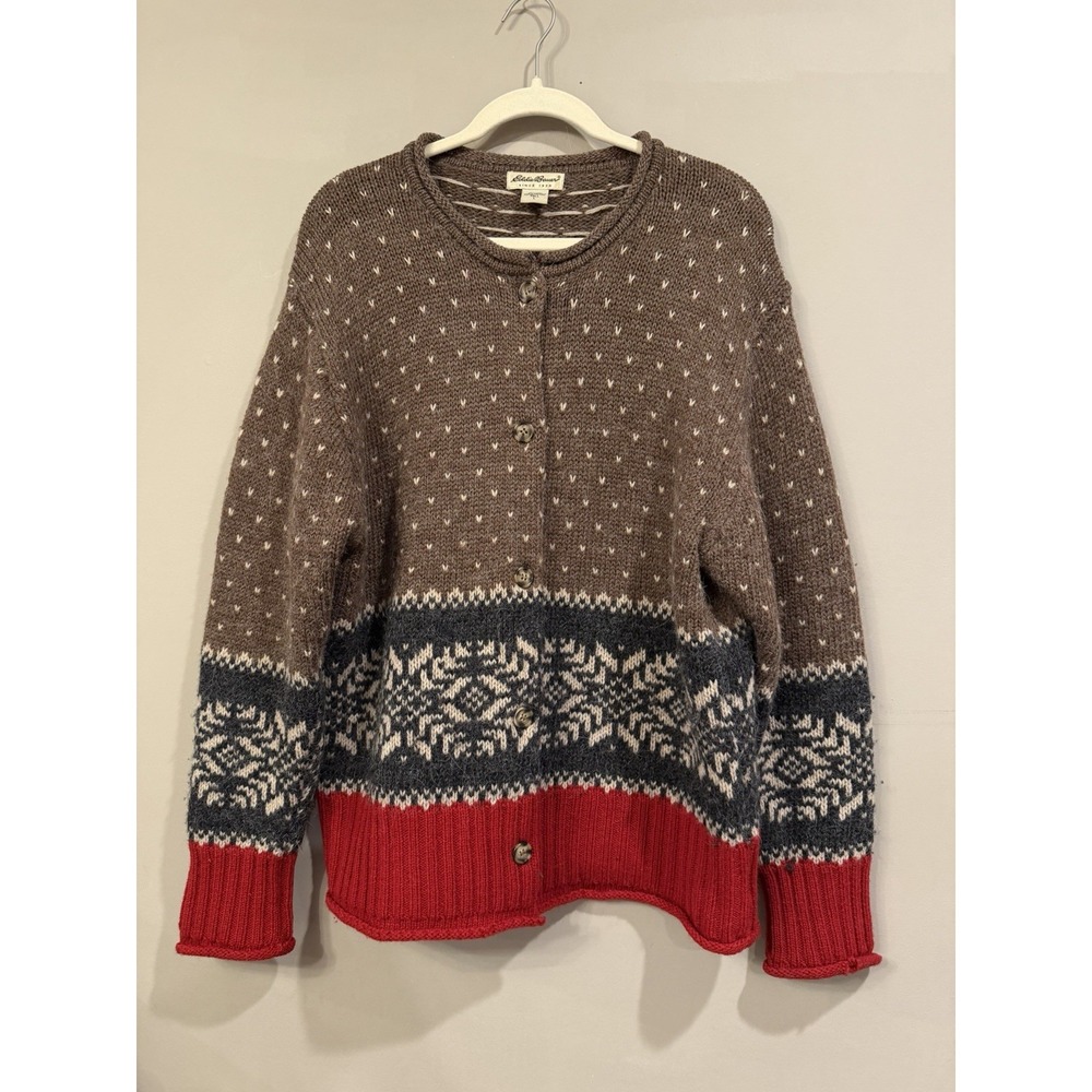 Vintage 90s Eddie Bauer Wool Nordic Pattern Cardigan Sweater Womens Size LG Tall